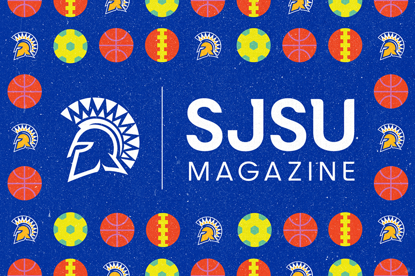 SJSU Magazine logo over a blueprint background.