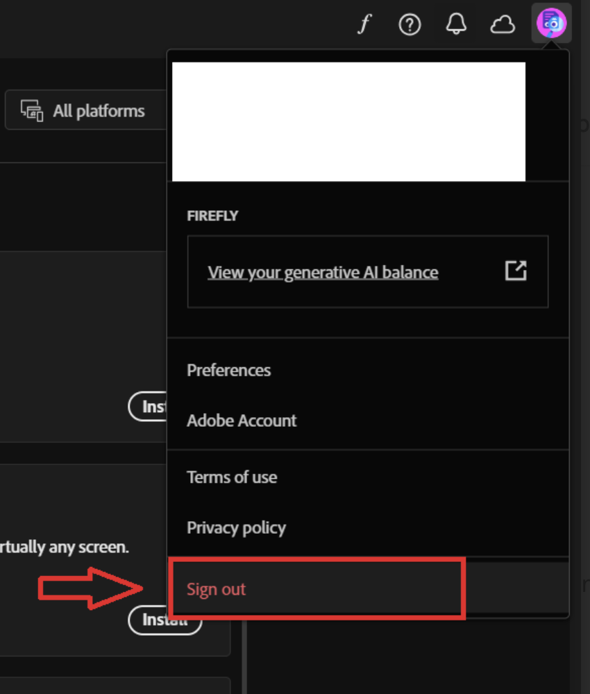 Adobe Creative Cloud interface with the top-right profile menu expanded; the “Sign out” option appears in the list.