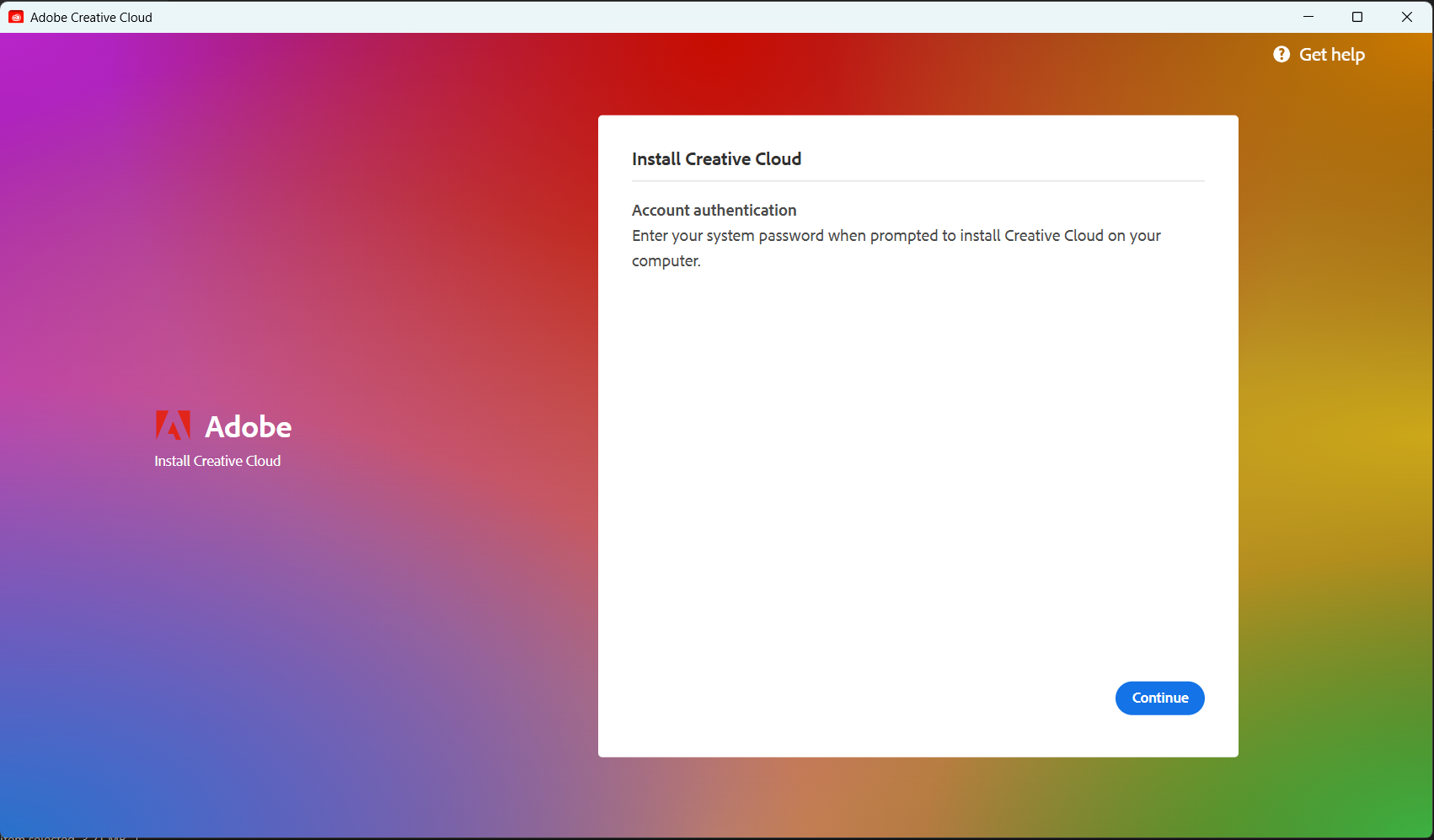 Downloaded Adobe Creative Cloud installer file and system password prompt.
