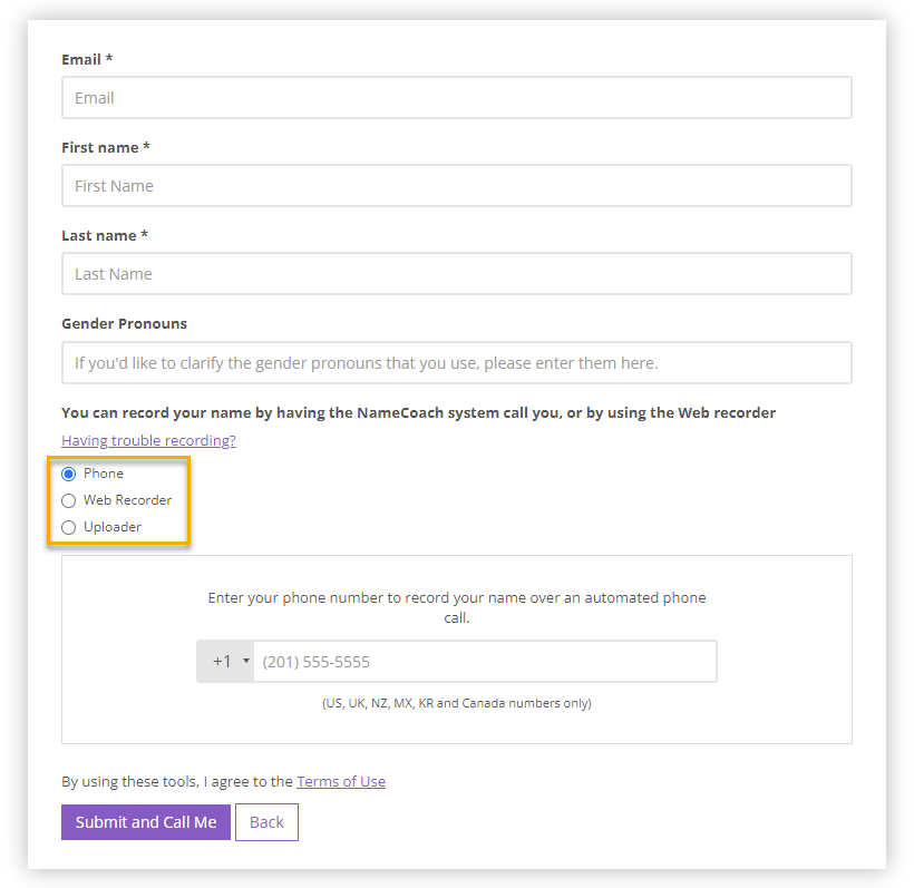 NameCoach record name home page