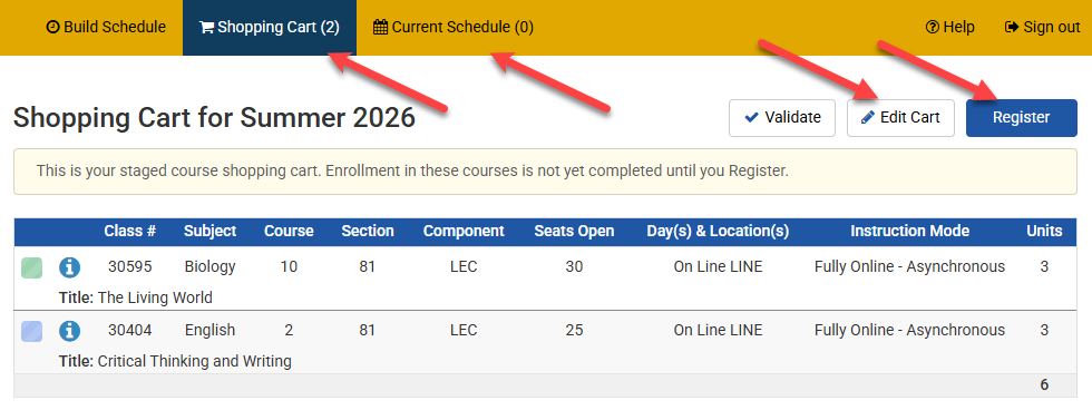 Sample shopping cart display for MyScheduler, with arrows pointing to the new top navigation tabs for Shopping Cart and Current Schedule, as well as the Edit Cart and Register buttons.