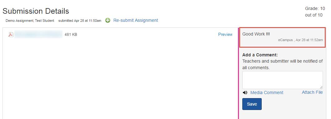 How to view Instructor comments  Student guide image