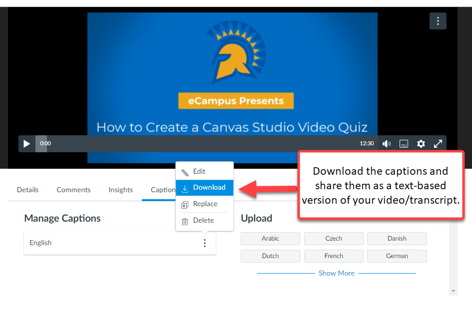 Download Captions Interface in Canvas Studio