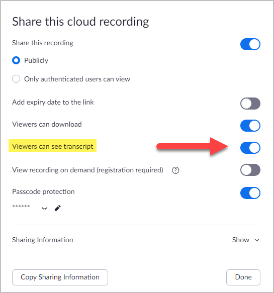 Share Zoom transcript interface