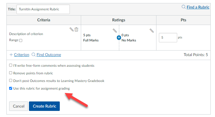 Use rubric for assignment grading interface in Canvas rubric