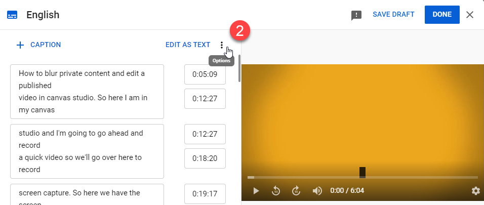 Three dot menu to download captions