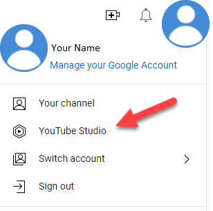 Select YouTube Studio menu item