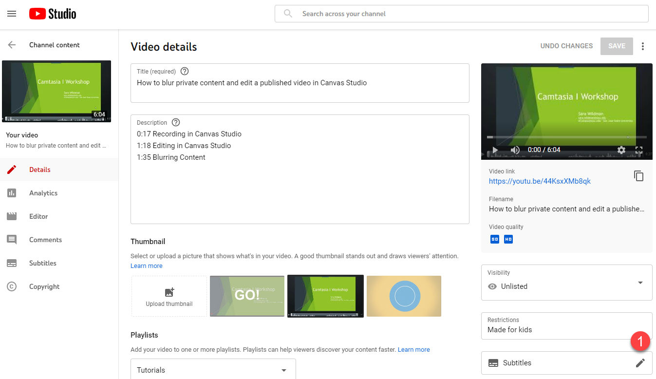Subtitles menu in YouTube video editing interface