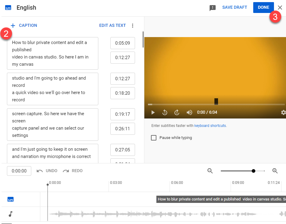 Edit captions YouTube interface