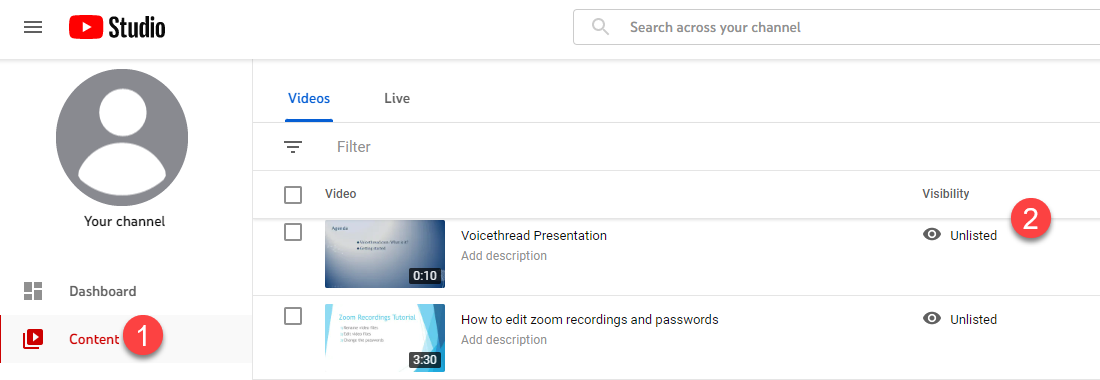 YouTube Content menu with unlisted drop down menu