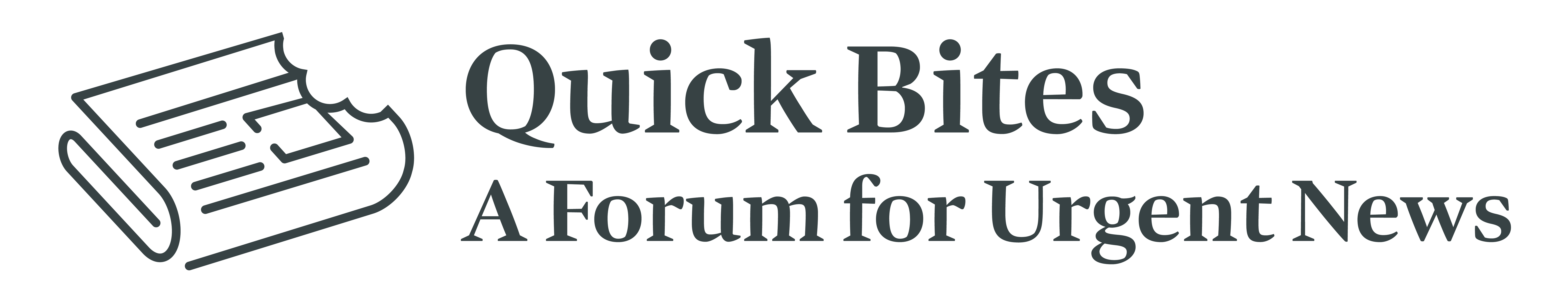 white background with black letters and a newspaper with bite taken out of it