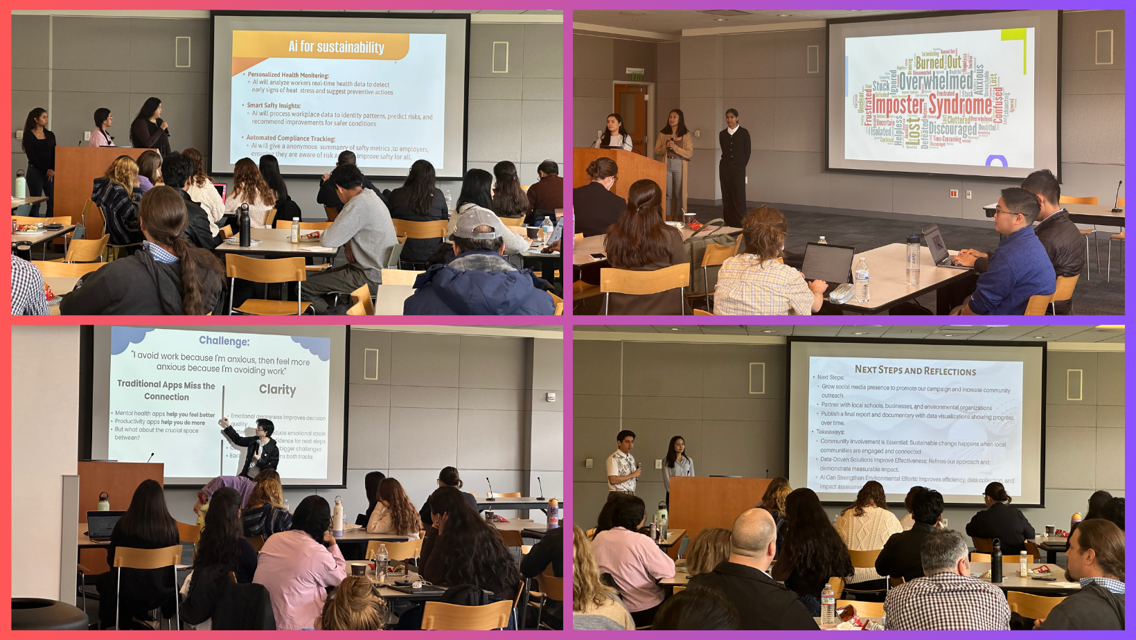 A photo collage of HonorsX student groups presenting at the Adobe Digital Literacy Day.