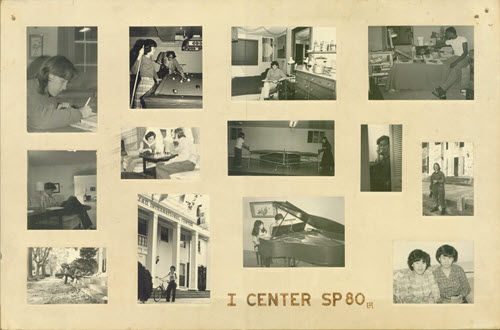 A collage of black and white photos depicting students at the I-House in 1980.