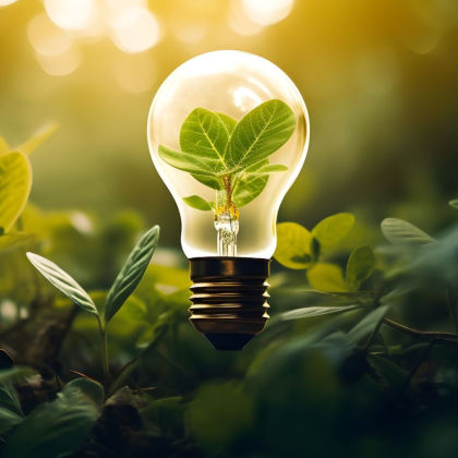 A light bulb in a field of leaves with leaves inside the bulb. 