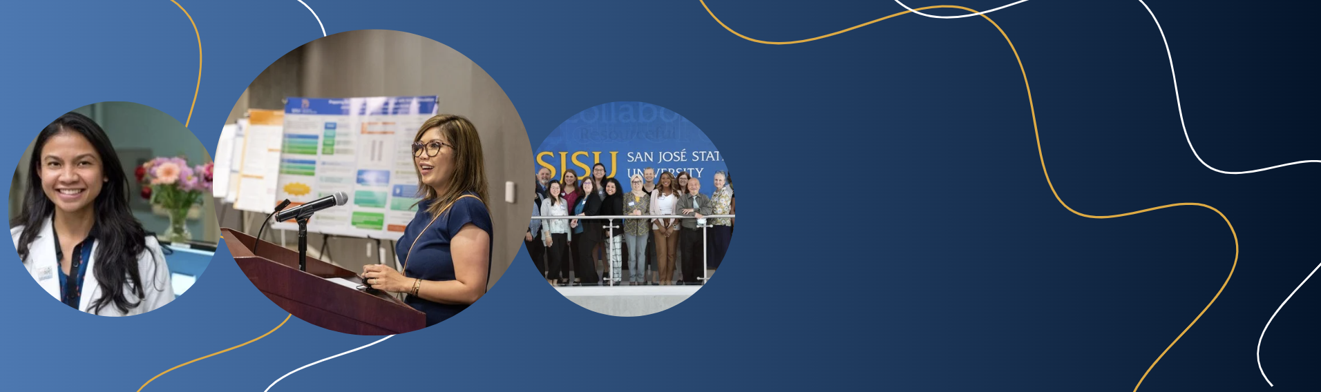 Banner with three images, each of DNP students or alumni