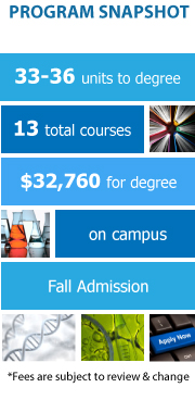 Program Snapshot: 36 units to degree, 13 total courses, $32,760 for degree, on campus, Fall Admission. (Fees are subject to review & change)