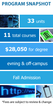 Program Snapshot: 30 units to degree, 10 total courses, $22,500 for degree, evening & off-campus, Fall and Spring Admission. (Fees are subject to review & change)
