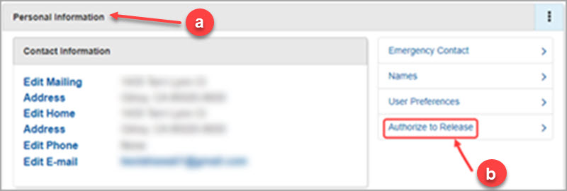 Personal Information page showing the “Authorize to Release” link highlighted in the right-hand menu.