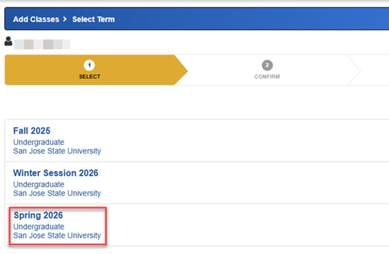 screenshot where to select term on MySJSU