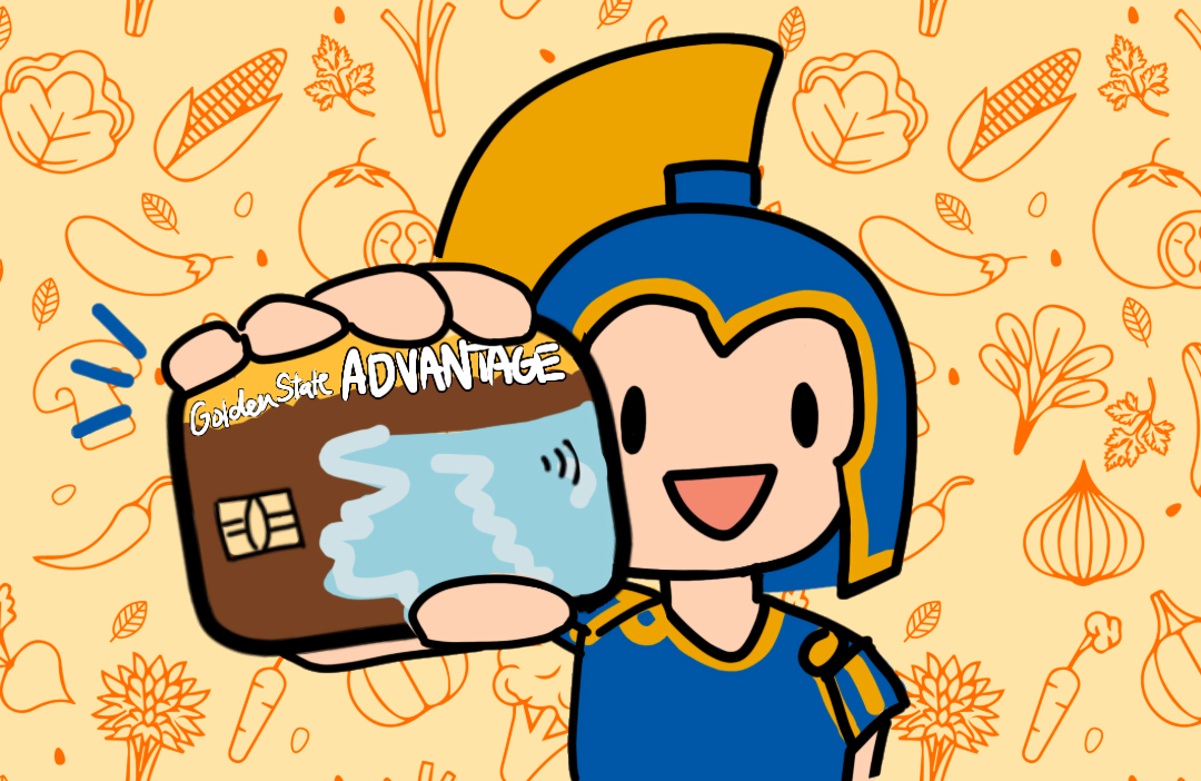 Illustration of Sammy Spartan holding up an EBT card, patterns of vegetables in the background.