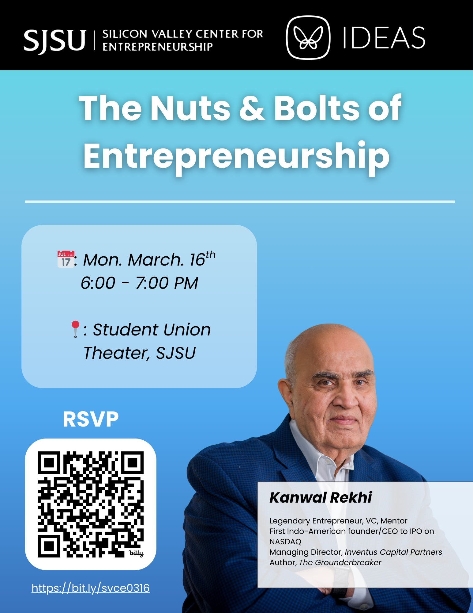 Kanwal Rekhi is coming to campus to speak on March 16th in the Student Union Theater. Register to attend.