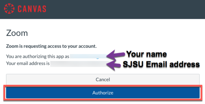 Zoom authorize message displaying name and email.