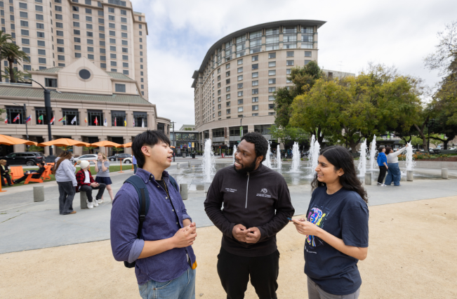 Students in the Plaza de Cesar Chavez in downtown San Jose.