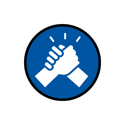 Graphic icon of blue circle and two fists holding each other